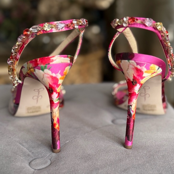 Floral sexy dressy sandals with rhinestones pink heels - Picture 2 of 7